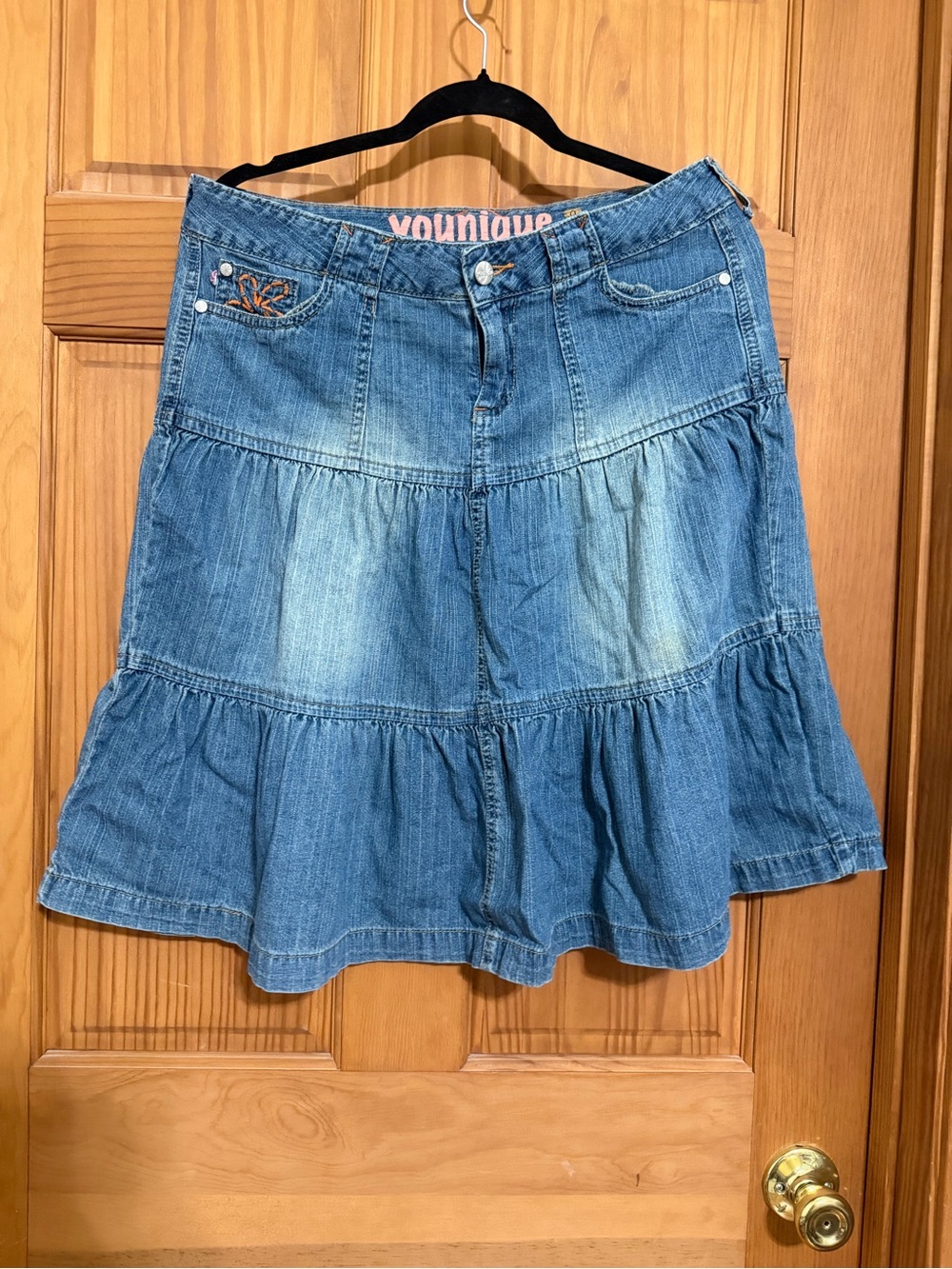 Y2K Younique Blue Denim Embroidered Tiered Skirt Sz 9